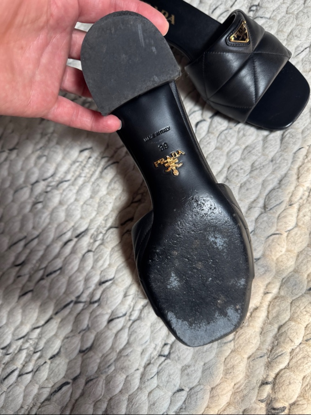 Prada Black Quilted Leather Heeled Slides with Gold Logo - Picture 5 of 8